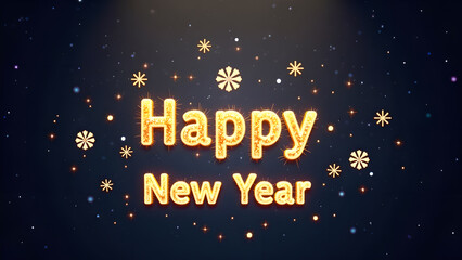 Happy New Year golden text with snowflakes. Concept of celebration and new beginnings.