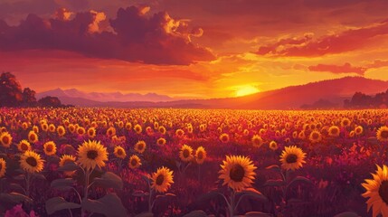 stunning sunset over sunflower field