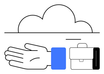 Hand, cloud, briefcase symbolize digital storage and work. Ideal for technology, business, cloud computing, digital transformation, remote work data storage productivity. Line metaphor