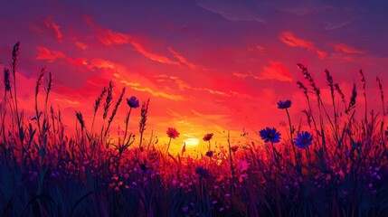 vibrant sunset meadow with wildflowers
