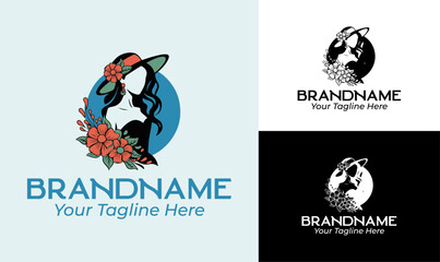 Fashion Industry Logo Design Template with Elegant Woman and Floral Design