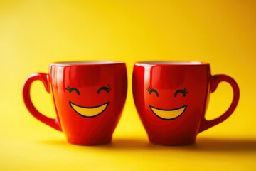 Two cheerful red coffee mugs with smiley faces against a bright yellow background, perfect for conveying happiness and positivity in design and marketing materials.