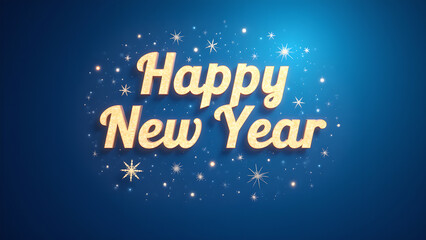 Happy New Year Celebration Greeting Text with Sparkles and Stars. Concept of New Year's Eve.