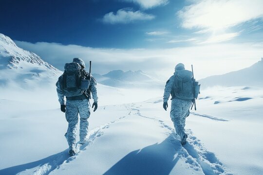 Two Soldiers in Military Uniform Walking Through a Snowy Landscape Under a Clear Sky with Mountains in the Background