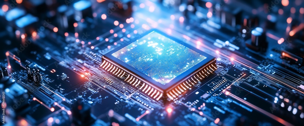 Poster a close-up of a microchip on a circuit board, showcasing technology and innovation.
