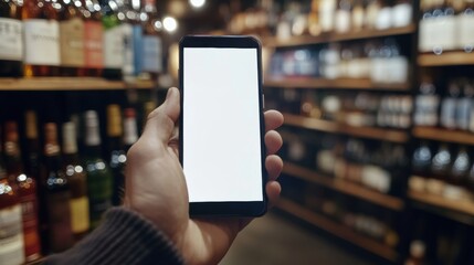 Hand holding a smart phone with blank screen for text in store in holiday shopping season
