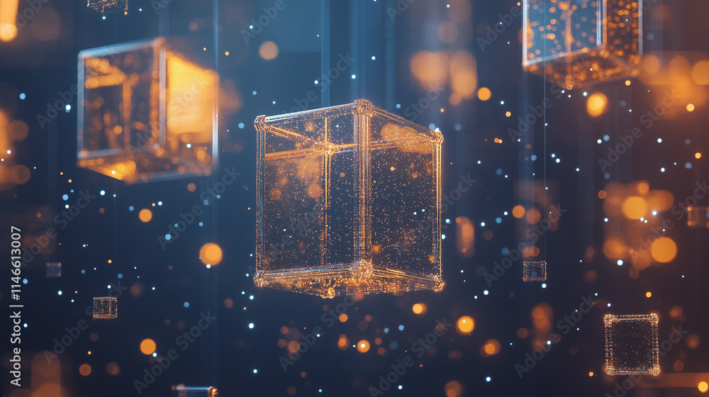 Poster floating data cubes: abstract digital art depicting luminous, translucent cubes floating in a dark, 