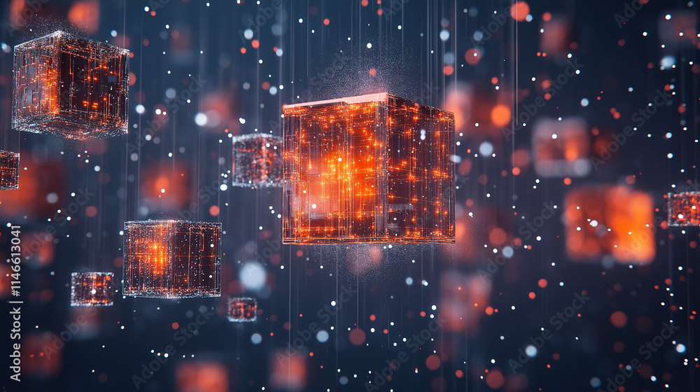 Poster digital matrix: glowing cubes in cyberspace