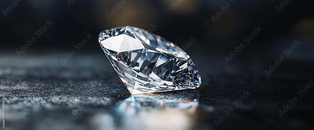 Poster a close-up of a sparkling diamond on a reflective surface.