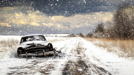 Abandoned Classic Car in Winter Landscape During Snowstorm on Remote Country Road, Evoking Feelings of Nostalgia and Isolation in Nature
