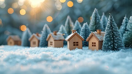Naklejka premium A serene winter scene featuring miniature wooden houses and snowy trees.