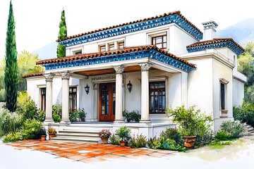 Obraz premium A historic old house with a European-style facade in a town on an island country surrounded by a garden and rich architectural details