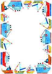 Obraz premium PNG. Watercolor nautical tourism frame. Ships, ferry and boats in A4 frame. Ocean travel border. Template for text. Decor for tourist goods, packaging, covers, background, check list.