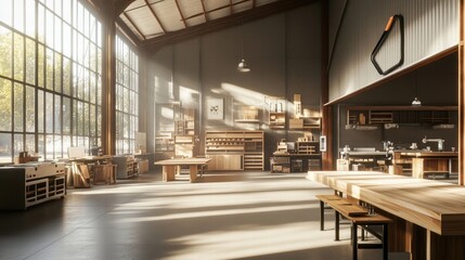 sunlit woodworking studio workshop space interior design