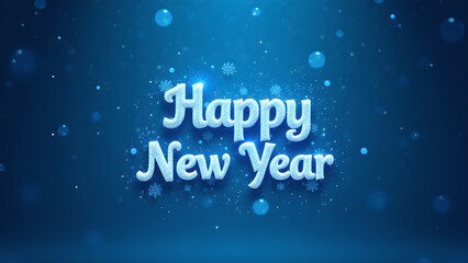 Happy New Year greeting on blue background. Concept of celebration, holiday, and new beginnings.