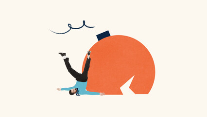 Contemporary art collage. Man lying against orange sphere, illustrating collapse under pressures of expectations and post-celebration fatigue. Concept of Blue Monday, overworked, emotional burnout.