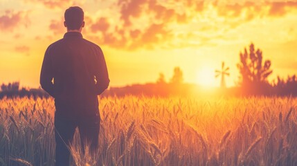 Man Contemplating Golden Wheat Field Sunset