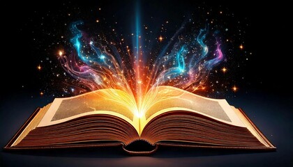 
an open book with a glowing light coming out of it's pages and stars in the sky above it, on a black background with a black background of stars and a black background. Generative AI