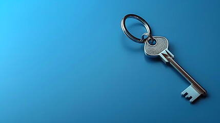 Keychain with Silver House Key on Blue Background, Real Estate Idea, Generative Ai.
