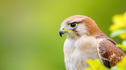 Close-up of a hawk with reddish-brown feathers perched amidst green foliage.