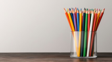 Fototapeta premium Vibrant Assortment of Colorful Pencils in a Clear Glass Container on a Wooden Table with Soft Neutral Background for Artistic Inspiration and Creativity