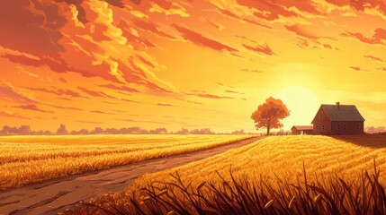 Obraz premium golden hour farmhouse sunset landscape