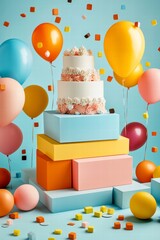Festive Birthday Cake with Balloons and Colorful Blocks