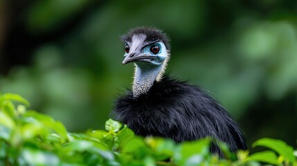 Close-up of a young cassowary chick peering from foliage.