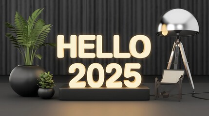 Hello 2025 new year template with Luminous inscription interion design ,christmas,new year, happy new year, gold, number, celebration, decoration, holiday
