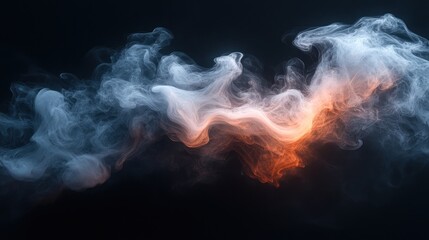 Abstract swirling smoke, orange and blue hues on black background.