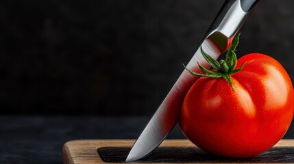 Fresh Red Tomato on Wooden Cutting Board with Chef's Knife Ready for Cooking, Culinary Preparation, Organic Ingredients, Healthy Food Concept