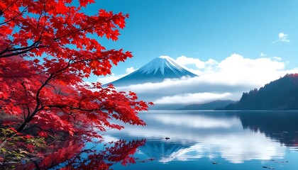 Fototapeta premium Colorful Autumn at Lake Kawaguchiko Morning Fog and Red Leaves with Mount Fuji