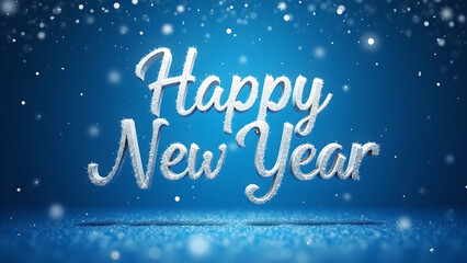 Happy New Year greeting on blue background with snow. Concept of celebration and new beginnings.