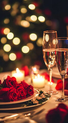 A romantic dinner table with candles red roses and sparkling wine glasses.
