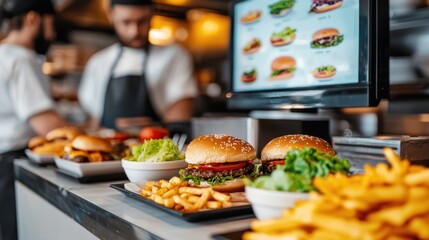 A display of delicious burgers and fries in a bustling restaurant, with staff preparing fresh meals in the background.
