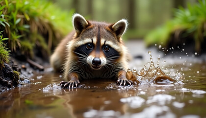 Raccoon splashing in a shallow stream