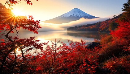 Colorful Autumn at Lake Kawaguchiko Morning Fog and Red Leaves with Mount Fuji