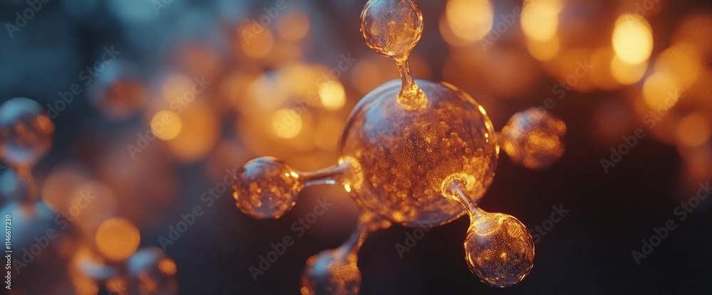 Poster a close-up view of molecular structures with glowing effects.