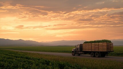 A truck loaded with crops travels through a vast, green field under a vibrant sunset sky, showcasing agricultural life.