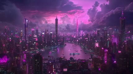 Fototapeta premium Neon Cityscape at Dusk, Futuristic Urban Panorama