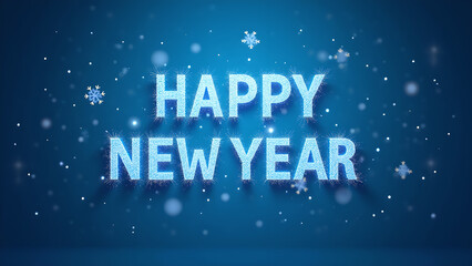 Happy New Year greeting on blue background with snowflakes. Concept of celebration and new beginnings.