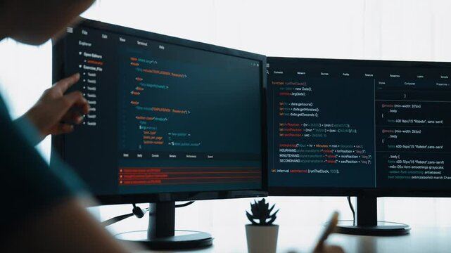 Slow motion back end software developer engineer for computer programming working together on debugging writing computing code, solving complex algorithms display on monitor in office. Burgeoning
