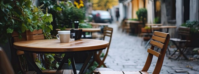 Naklejka premium coffee on the table outside in a cafe. Selective focus.