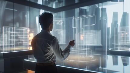 Business professional analyzing a 3D statistical model on a transparent holographic screen, set in a futuristic office.