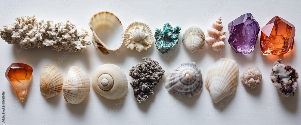 Poster a collection of seashells and gemstones arranged artistically.