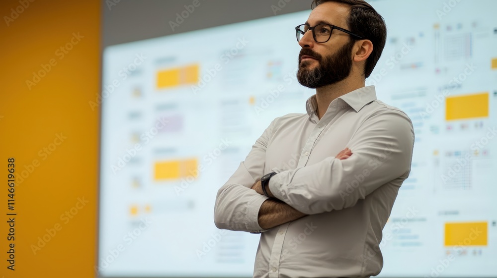 Poster a teacher explains algorithms in a high-tech classroom setting, highlighting modern education techni