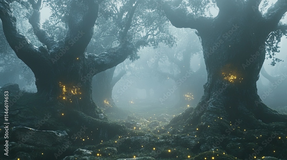 Poster mystical forest path with glowing trees and fireflies.