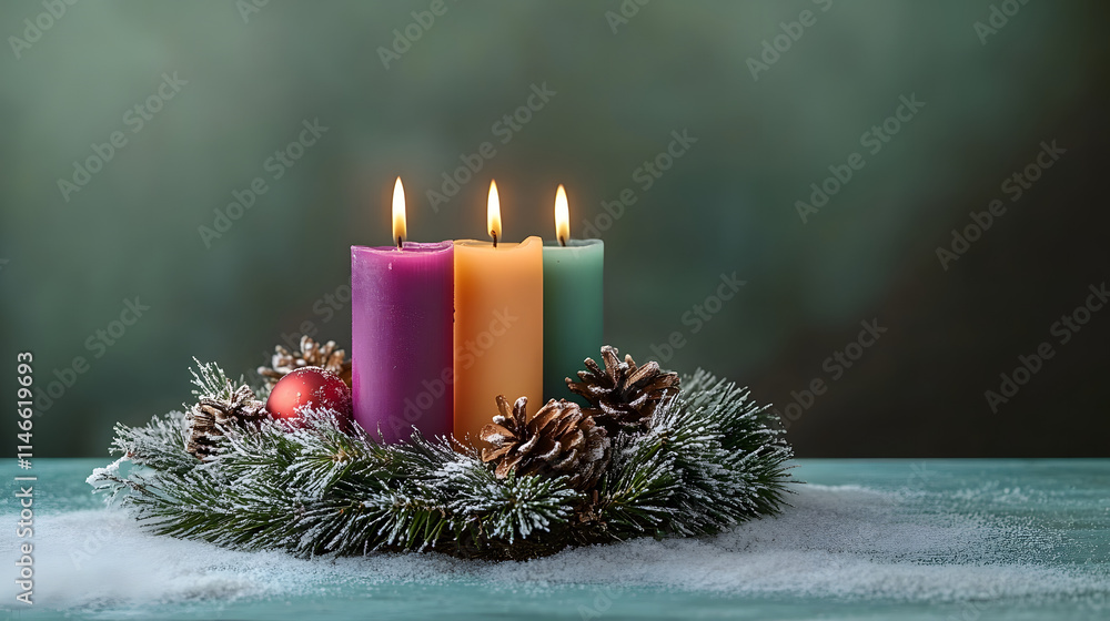 Aufkleber the christmas advent wreath with three candles represents the third week of the advent season and sy