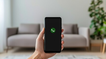 A hand holds a smartphone displaying the WhatsApp logo, set against a modern living room background with a couch and greenery.