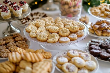 Assorted Holiday Cookies Arranged on Elegant Platters with Decorative Background for Festive Gatherings and Celebrations, Perfect for Seasonal Events and Treats